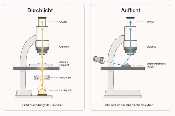 Mikroskop Aufbau mit Durchlicht und Auflicht im Vergleich