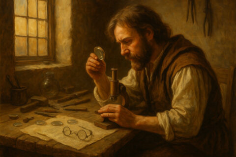 Historische Darstellung, wie das Mikroskop erfunden wurde, in einer Werkstatt des 16. Jahrhunderts