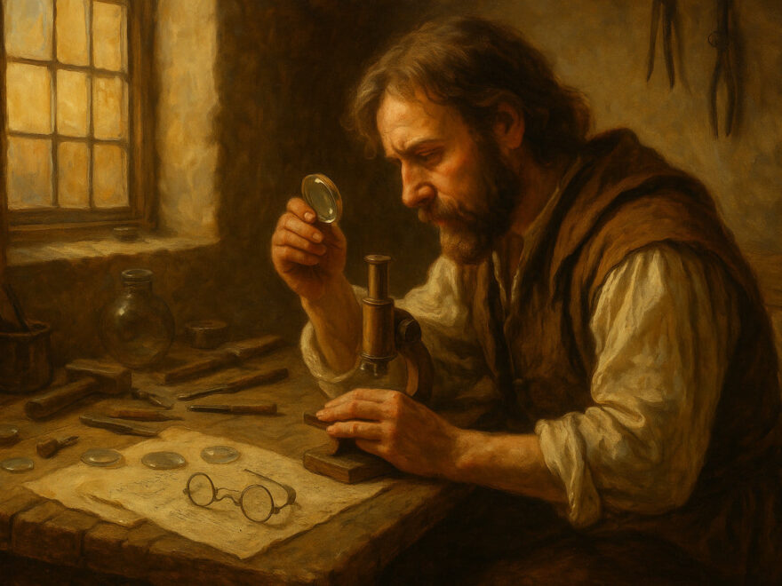 Historische Darstellung, wie das Mikroskop erfunden wurde, in einer Werkstatt des 16. Jahrhunderts