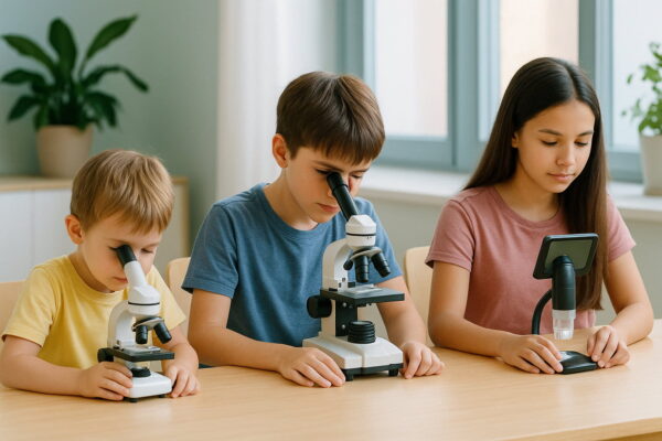 Kinder unterschiedlichen Alters nutzen verschiedene Mikroskop-Modelle passend zu ihrer Altersstufe