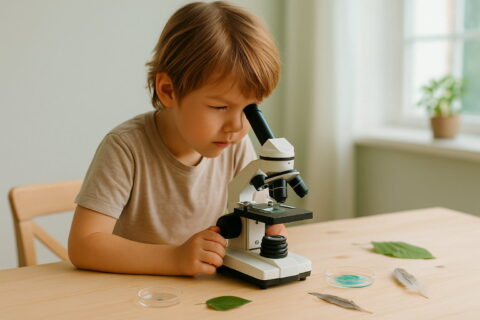 Kind betrachtet mit einem Mikroskop für Kinder neugierig kleine Proben auf einem Tisch