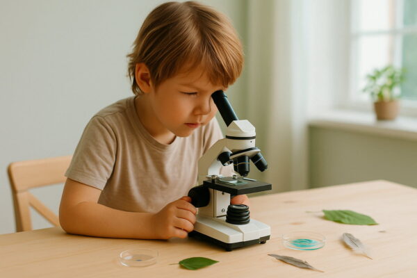 Kind betrachtet mit einem Mikroskop für Kinder neugierig kleine Proben auf einem Tisch