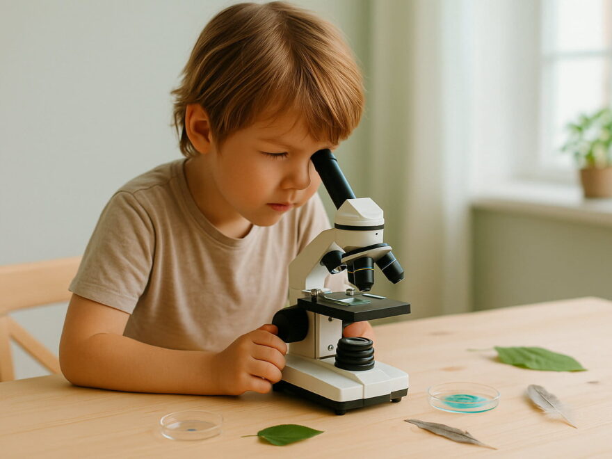 Kind betrachtet mit einem Mikroskop für Kinder neugierig kleine Proben auf einem Tisch