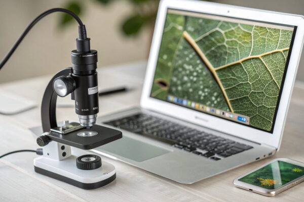 USB-Mikroskop am Computer – Funktionsweise einfach erklärt USB-Mikroskop mit Laptop zeigt vergrößertes Bild einer Oberfläche