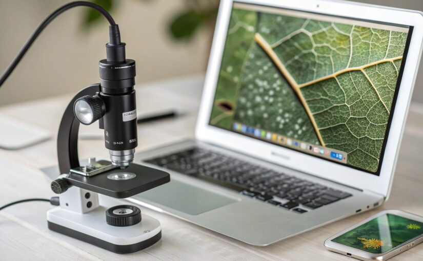 USB-Mikroskop mit Laptop zeigt vergrößertes Bild einer Oberfläche