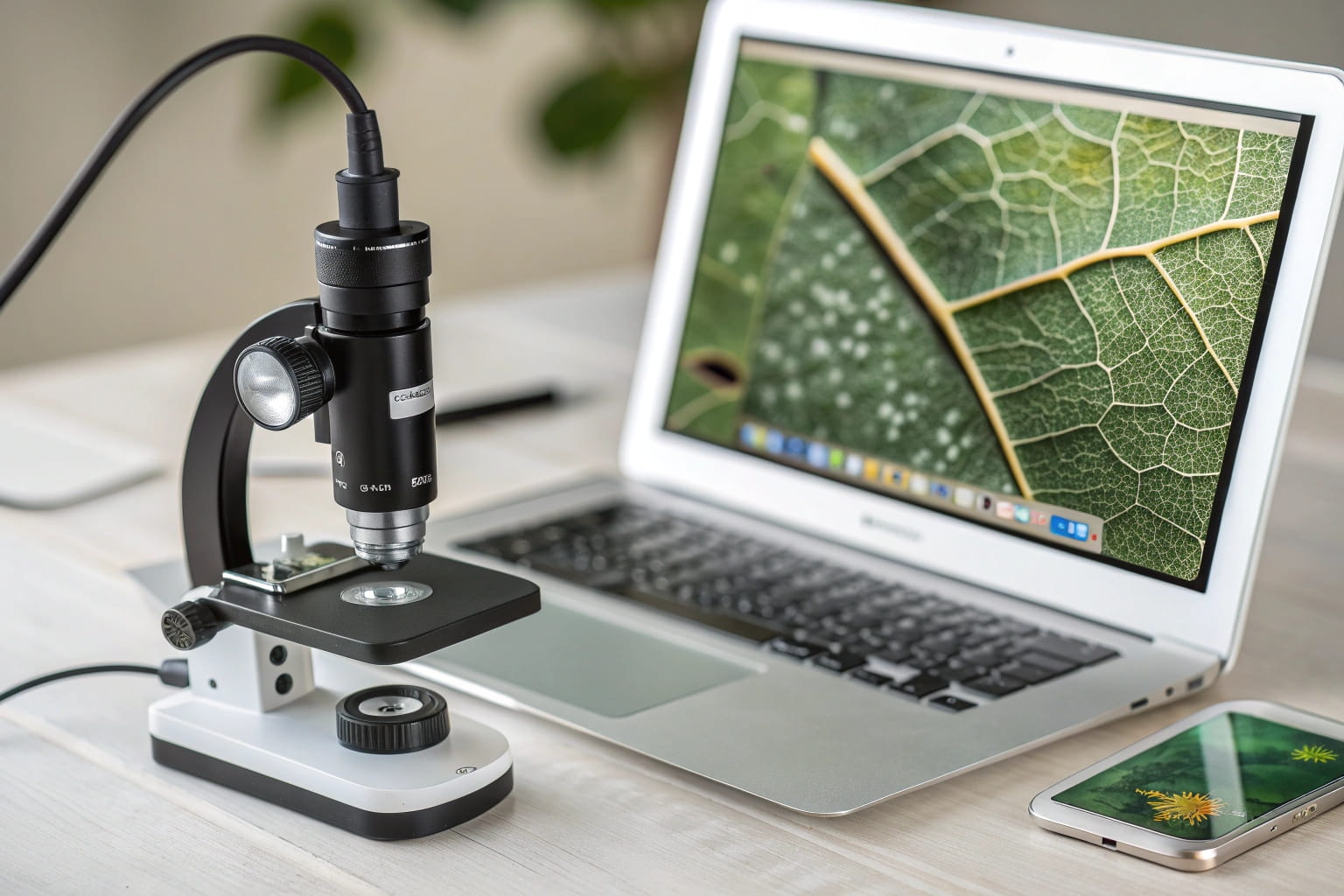 USB-Mikroskop mit Laptop zeigt vergrößertes Bild einer Oberfläche