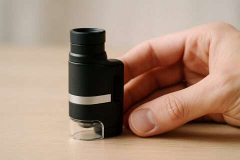 Kleines Taschenmikroskop auf Tisch als Beispiel für den kompakten Aufbau eines Taschenmikroskops