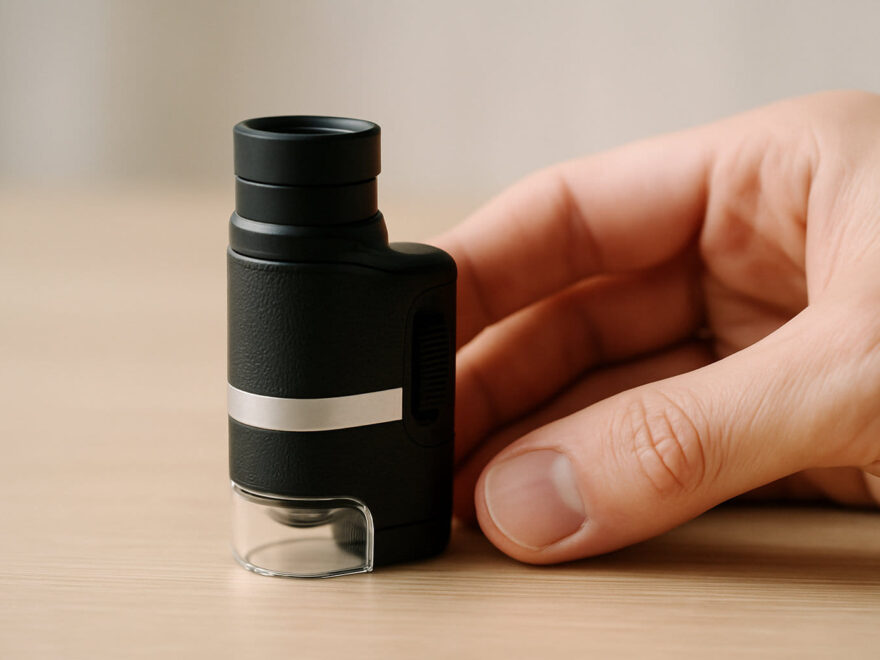 Kleines Taschenmikroskop auf Tisch als Beispiel für den kompakten Aufbau eines Taschenmikroskops