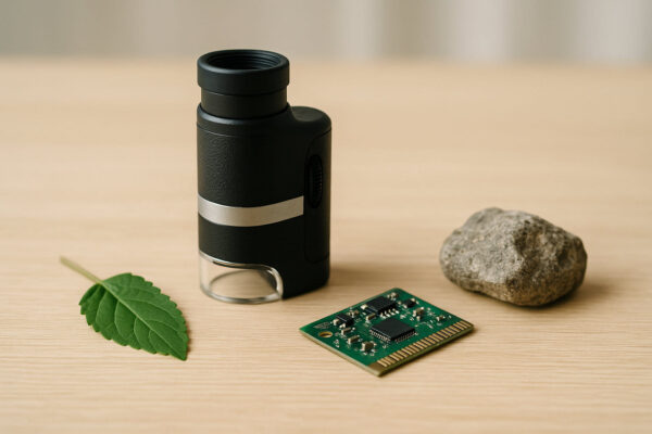 Taschenmikroskop mit Pflanze, Leiterplatte und Gesteinsprobe als Beispiele für typische Einsatzbereiche