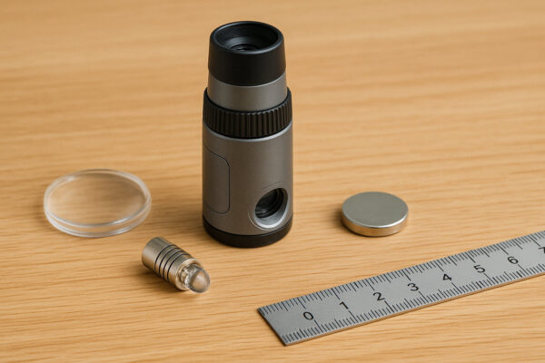 Taschenmikroskop mit Linse, LED-Licht und Batterie als Symbole für wichtige Kaufkriterien