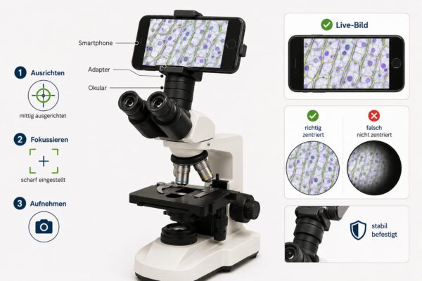 Fotografieren mit dem Mikroskop mit Smartphone, Adapter und korrekt ausgerichtetem Okular