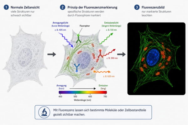 Fluoreszenzmikroskopie – gezielte Markierung von Zellstrukturen Fluoreszenzmikroskopie mit markierten Zellstrukturen und Fluoreszenzbild