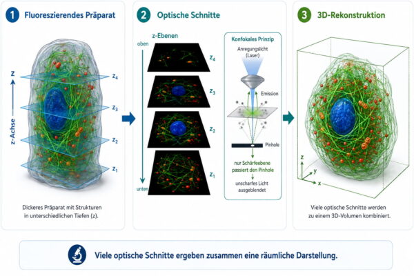 Konfokalmikroskopie – optische Schnitte und 3D-Darstellung Konfokalmikroskopie mit optischen Schnitten und 3D-Rekonstruktion eines Präparats