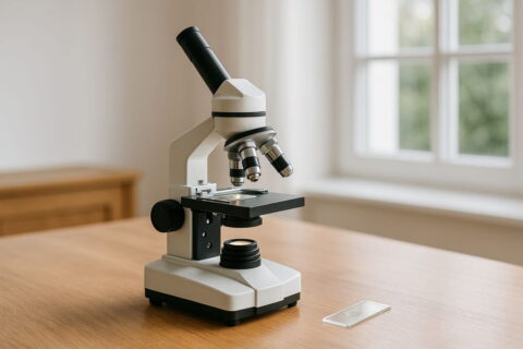 Mikroskop auf einem Tisch zur Veranschaulichung der Funktionsweise