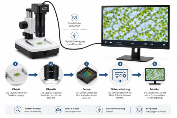 Funktionsweise von Digitalmikroskopen mit Objektiv, Sensor und Monitor