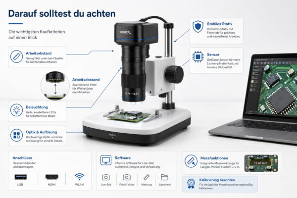 Wichtige Kaufkriterien für Digitalmikroskope wie Arbeitsabstand, Beleuchtung, Sensor und Software