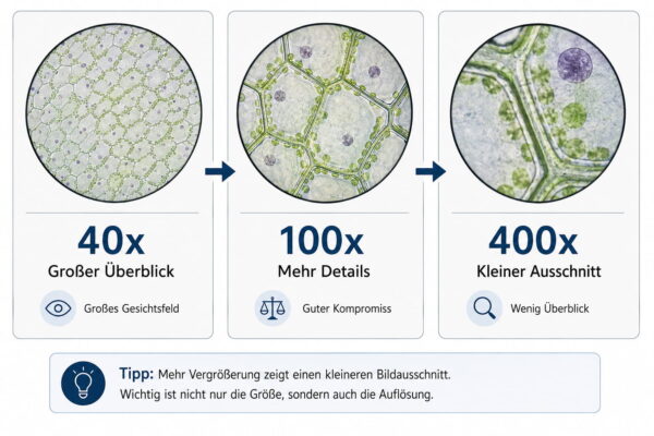 Mikroskopieren: Vergleich von 40x, 100x und 400x Vergrößerung