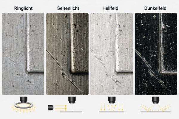 Auflichtmikroskop mit Vergleich von Ringlicht, Seitenlicht, Hellfeld und Dunkelfeld