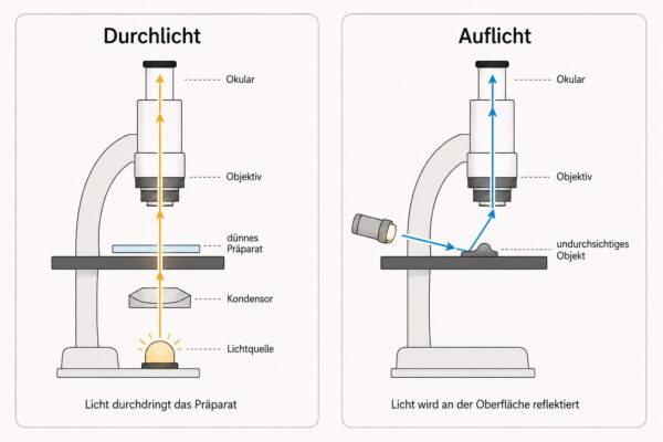 Auflichtmikroskop im Vergleich zum Durchlichtmikroskop mit unterschiedlichem Lichtweg