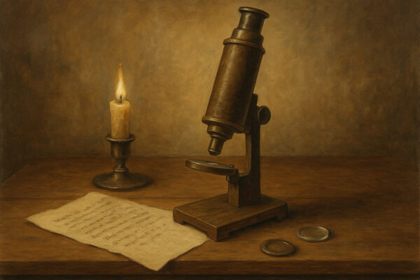 Historisches Mikroskop aus dem 17. Jahrhundert mit Holzständer und Linsensystem auf einem Tisch