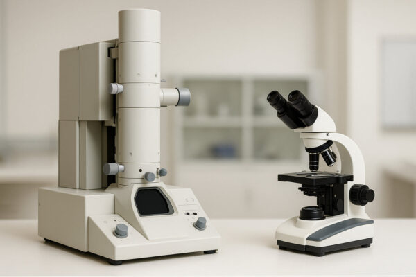 Elektronenmikroskop und Lichtmikroskop im Vergleich nebeneinander im Labor