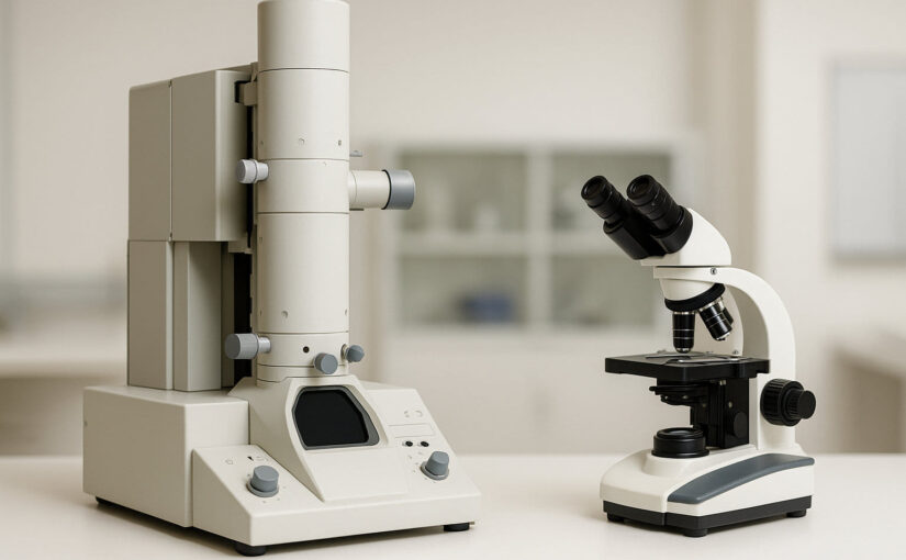 Elektronenmikroskop und Lichtmikroskop im Vergleich nebeneinander im Labor