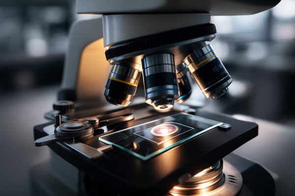 Mikroskop mit optimal eingestellter Beleuchtung und sichtbarem Kondensor in Laborumgebung