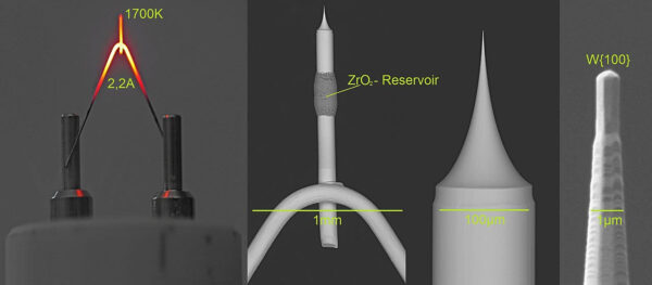 Schottky-Emitter eines Elektronenmikroskops in verschiedenen Vergrößerungen