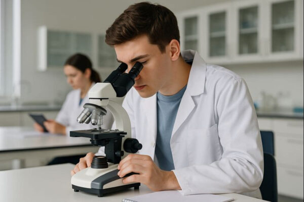Mikroskop für Studenten im Einsatz im Labor Student arbeitet im Labor mit einem Mikroskop während des Studiums