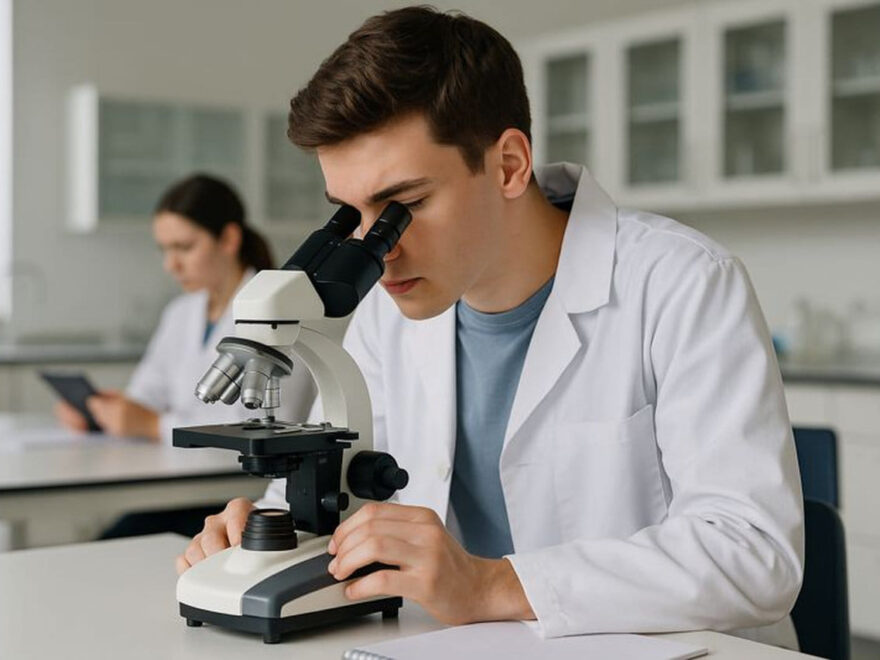 Student arbeitet im Labor mit einem Mikroskop während des Studiums