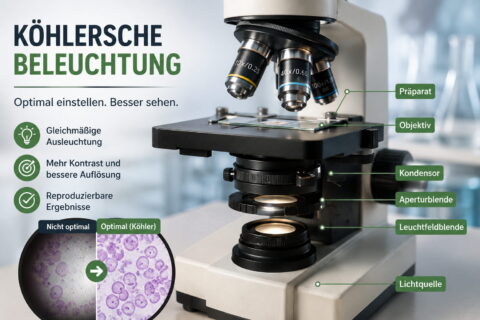 Köhlersche Beleuchtung am Mikroskop mit Kondensor, Aperturblende, Leuchtfeldblende und gleichmäßig ausgeleuchtetem Präparat