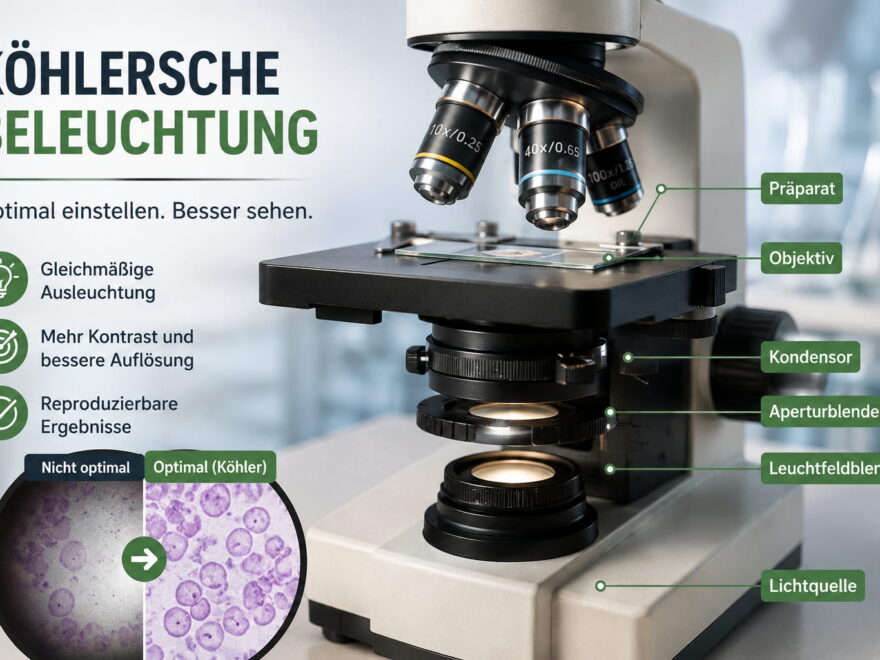 Köhlersche Beleuchtung am Mikroskop mit Kondensor, Aperturblende, Leuchtfeldblende und gleichmäßig ausgeleuchtetem Präparat