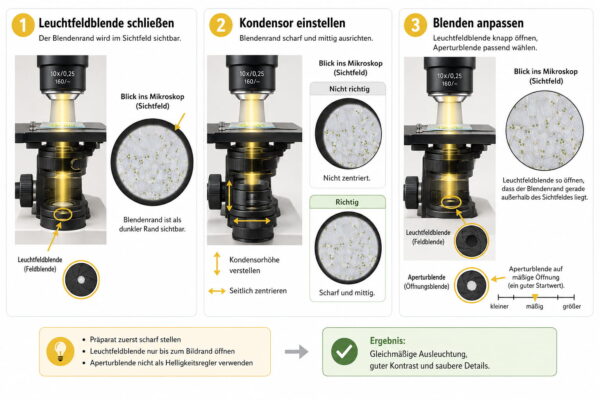 Schritt-für-Schritt-Grafik zur Köhlerschen Beleuchtung mit Leuchtfeldblende, Kondensor und Aperturblende am Mikroskop
