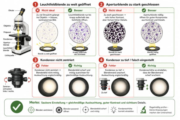 Häufige Fehler bei der Köhlerschen Beleuchtung mit falsch eingestellter Leuchtfeldblende, Aperturblende und Kondensor