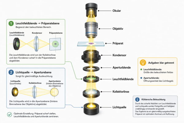 Schema zur Köhlerschen Beleuchtung mit Lichtquelle, Leuchtfeldblende, Aperturblende, Kondensor und Präparatebene im Mikroskop