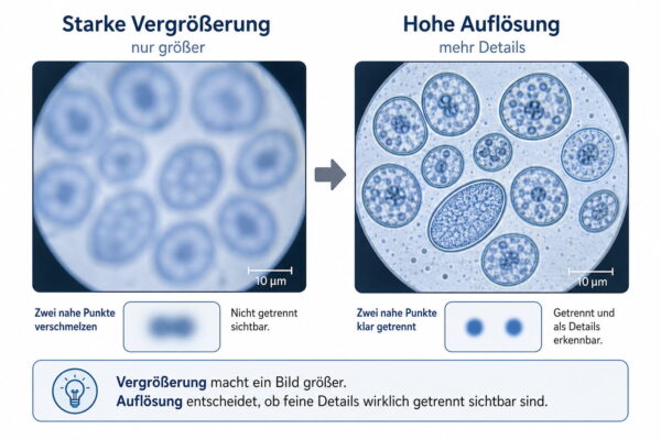 Vergrößerung und Auflösung beim Mikroskop erklärt Vergleich von Vergrößerung und Auflösung beim Mikroskop mit unscharfer und detailreicher Darstellung