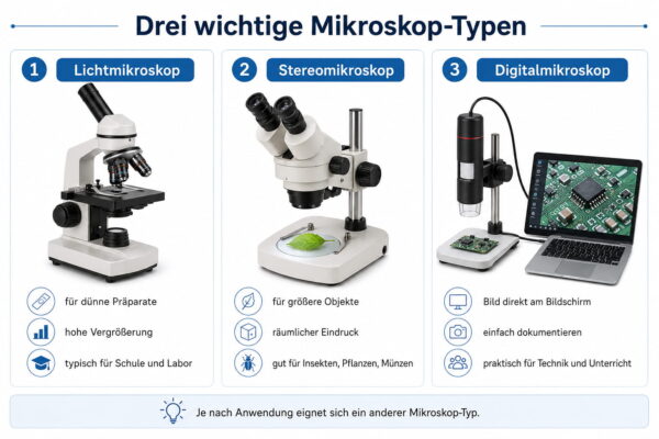Mikroskop-Typen im Vergleich Drei Mikroskop-Typen im Vergleich: Lichtmikroskop, Stereomikroskop und Digitalmikroskop