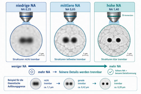 Vergleich zur numerischen Apertur und Auflösung mit niedriger, mittlerer und hoher NA sowie unterschiedlicher Detailtrennung im Mikroskopbild