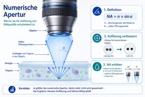 Numerische Apertur einfach erklärt: Warum sie wichtiger als die Vergrößerung ist 1 Numerische Apertur am Mikroskop mit Lichtkegel, Auflösung und Öl-Immersion erklärt