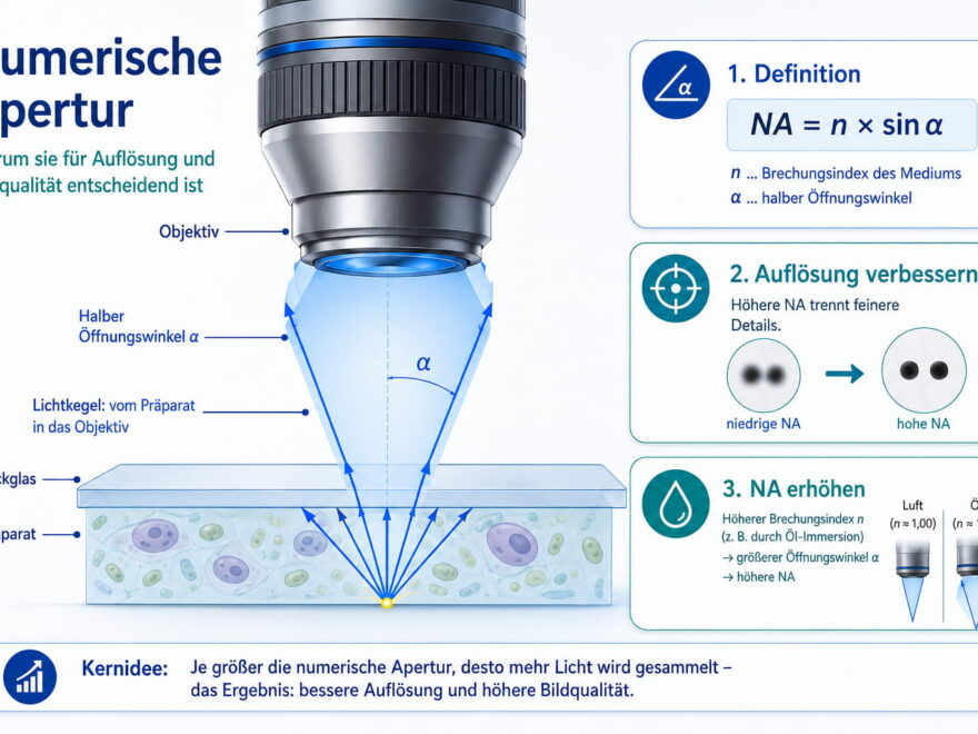 Numerische Apertur am Mikroskop mit Lichtkegel, Auflösung und Öl-Immersion erklärt