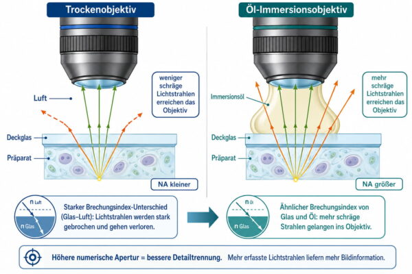 Vergleich zur numerischen Apertur mit Trockenobjektiv und Öl-Immersionsobjektiv sowie unterschiedlicher Lichtausbeute und Detailtrennung