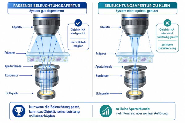 Vergleich der numerischen Apertur bei passender und zu kleiner Beleuchtungsapertur von Kondensor und Objektiv