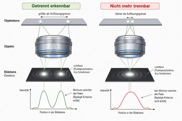 Super-Resolution erklärt die Auflösungsgrenze eines Lichtmikroskops mit getrennt erkennbaren und nicht mehr trennbaren Lichtpunkten.