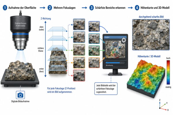 3D Mikroskop: Fokusvariation und digitale Höhenkarte Digitales 3D Mikroskop erstellt aus mehreren Fokuslagen eine Höhenkarte und ein 3D-Modell