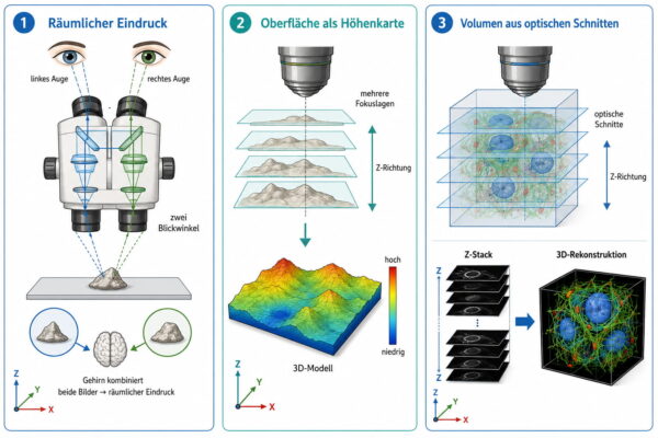 3D Mikroskop: drei Verfahren zur räumlichen Darstellung Drei Verfahren beim 3D Mikroskop: räumliches Sehen, Höhenkarte und optische Schnittbilder