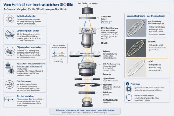 Differentialinterferenzkontrast (DIC) richtig einstellen mit Polarisator, Prismen, Analysator und neutralem Hintergrund