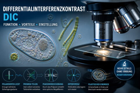 Differentialinterferenzkontrast (DIC) am Mikroskop mit plastisch dargestelltem transparentem Präparat