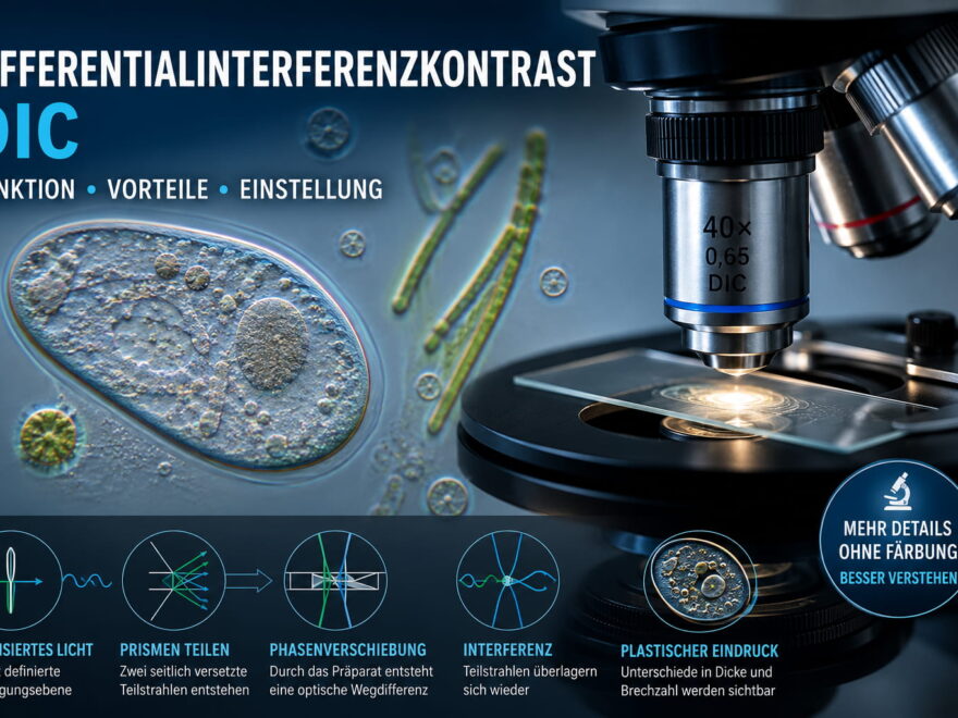 Differentialinterferenzkontrast (DIC) am Mikroskop mit plastisch dargestelltem transparentem Präparat