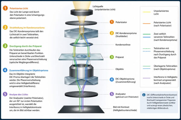 Schematische Darstellung zum Differentialinterferenzkontrast (DIC) mit Polarisator, Prismen, Präparat und Interferenzbildung im Mikroskop