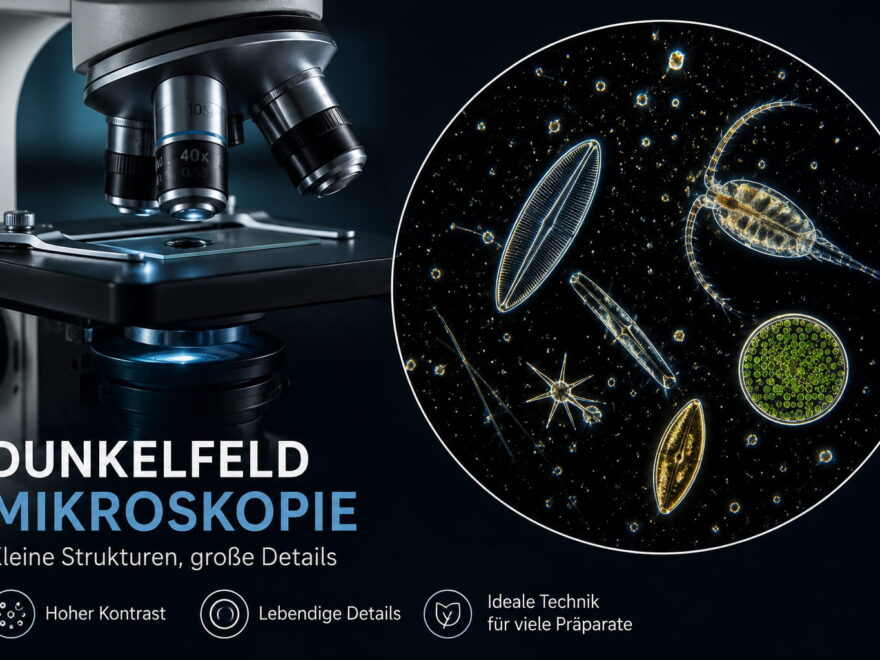Dunkelfeldmikroskopie mit Mikroskop und kontrastreichen Mikroorganismen vor schwarzem Hintergrund